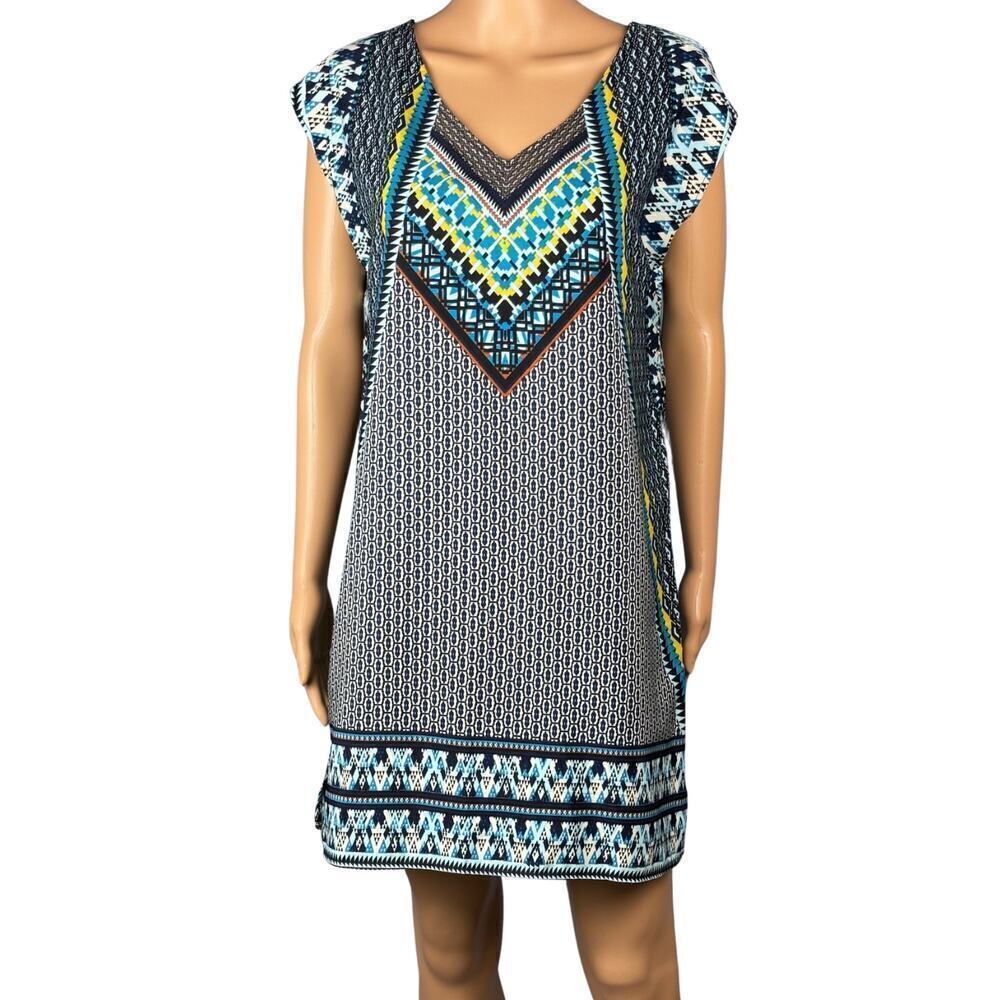 BeBop Women's‎ Blue Black Yellow Tribal Abstract Design Shift Dress Size Medium